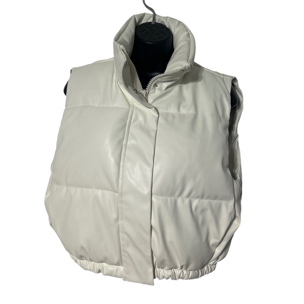 COMMENSE Women White Faux Leather Puffer Vest Cropped High Funnel Neck Zip S - Picture 3 of 6